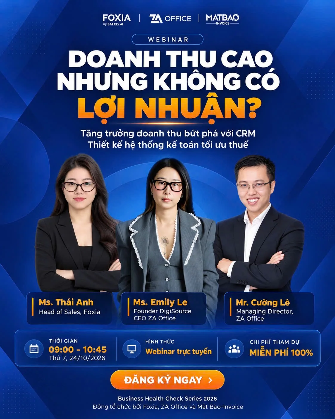 Key visual webinar Doanh thu cao nhưng không có lợi nhuận, Foxia, ZA Office, Mắt Bão Invoice ngày 24/10/2026